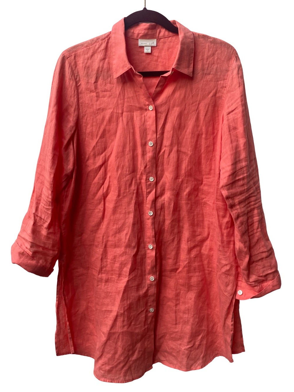 J. Jill Love Linen coral peach button down long sleeve collar tunic size medium